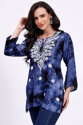 The Chikankari Story Embroidered Rayon Tie-Dyed Chikankari Blue  short Kurti  with 3D Embroidery.-S