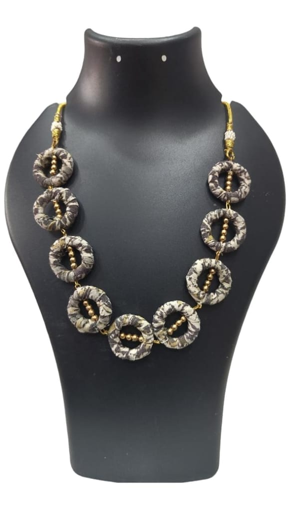 Oxidized hoop fabric necklace with golden beads