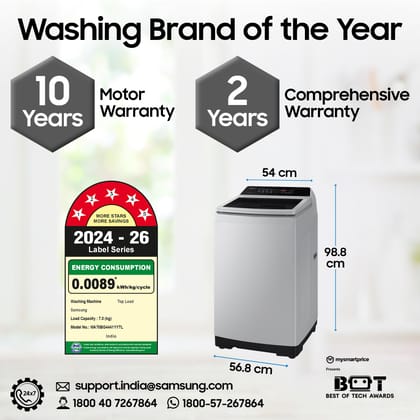 Samsung 7 kg, 5 Star, Eco Bubble Technology, Digital Inverter Motor, Soft Closing Door, Fully-Automatic Top Load Washing Machine (WA70BG4441YYTL, Lavender Gray) Samsung 7 kg, 5 Star, Eco Bubble Technology, Digital Inverter Motor, Soft Closing Door, Fully