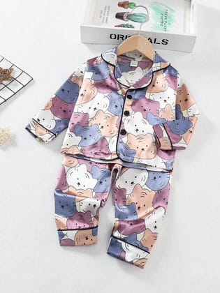Printed Cat design Satin Co-ord Set for Boys and Girls-1-2 year