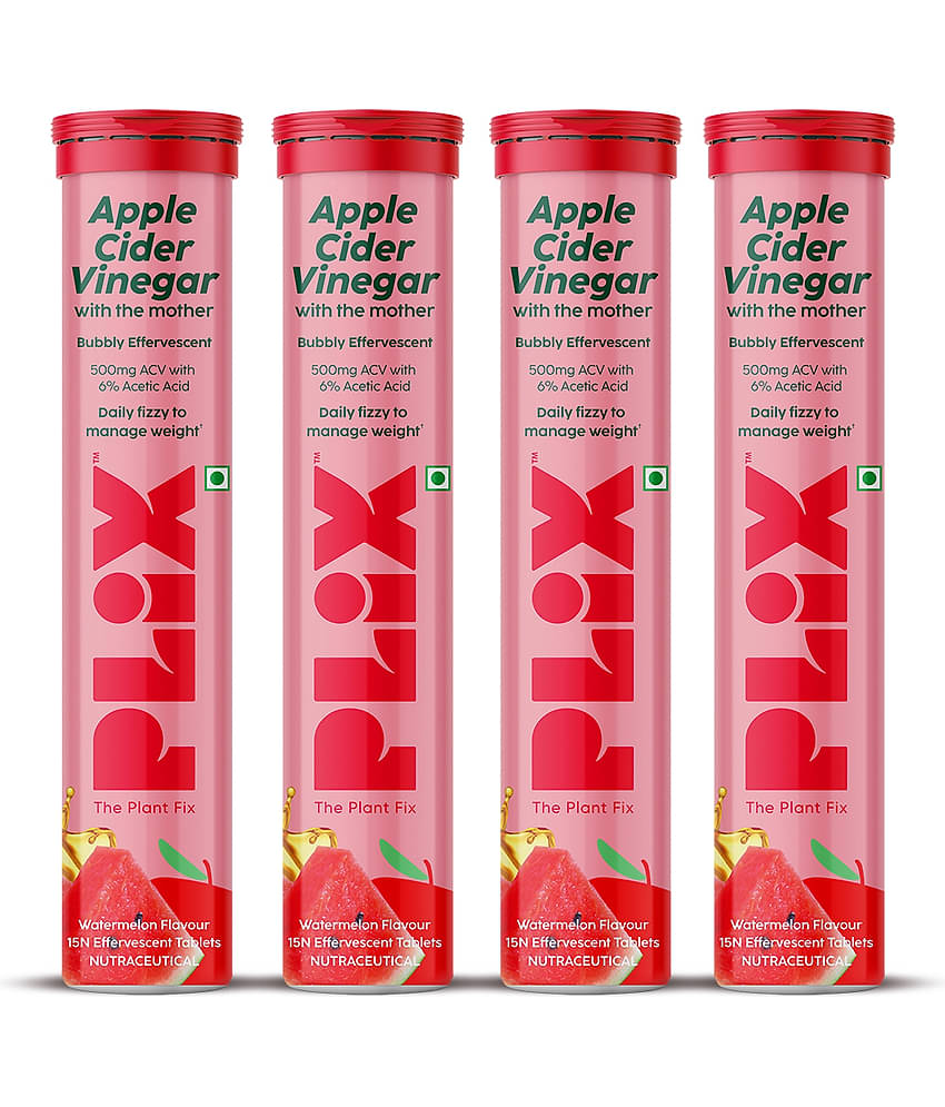 Plix Apple Cider Vinegar Effervescent Tablets Watermelon Flavour with Vitamin B12 (4 x 15 No)
