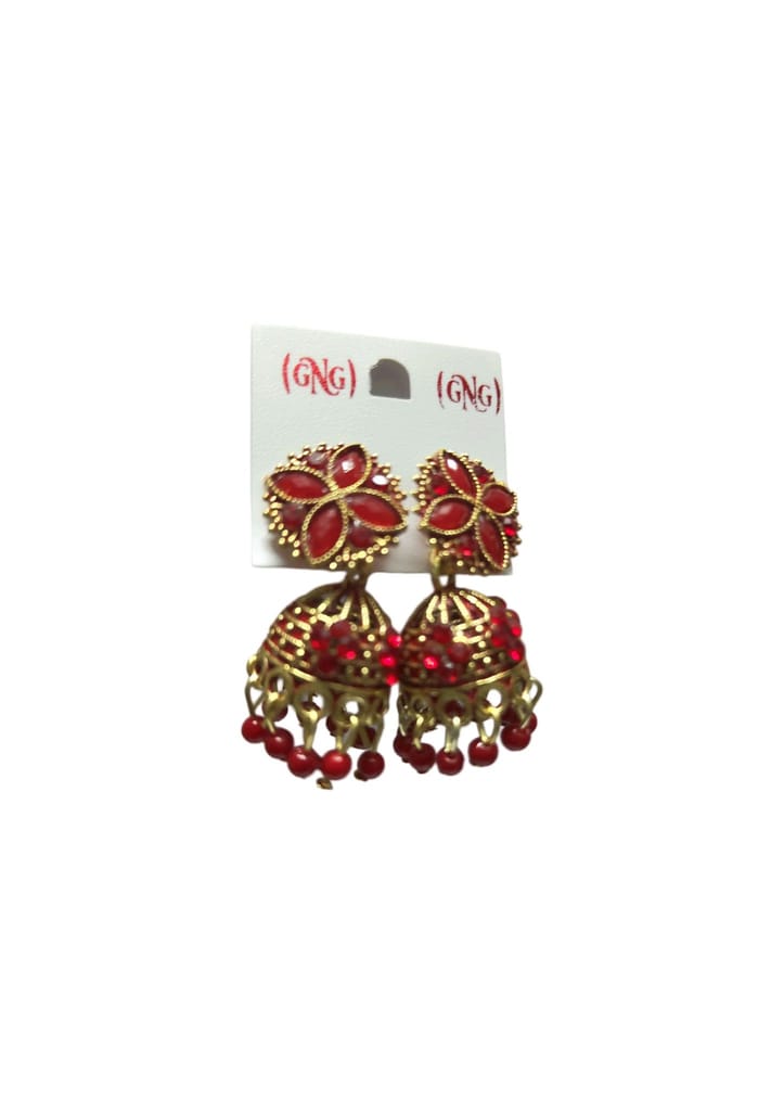 Red Stone Jhumka Earrings with Golden Beads"