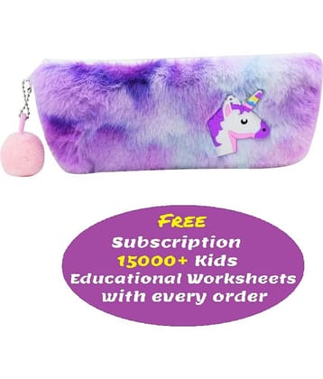 Soft Fur Pouch Multicolor Unicorn Pencil Case, Pencil Pouch For Girls, Cute Fur Pouch Zipper Closer Storage Bag Travel Pouch, Best Return Gift (Pack Of 2) (Free subscription of kids Educational worksheets)