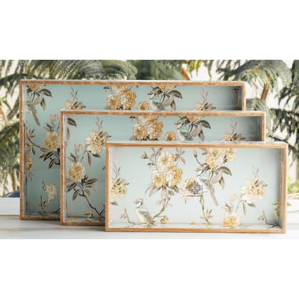 Indian Art Villa Wooden Serving Tray Set of 3 with Floral Design – Elegant Decorative Platters for Serving