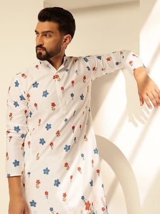 Men's Cotton Daman Print White Long Kurta with Krochet Embroidery-36