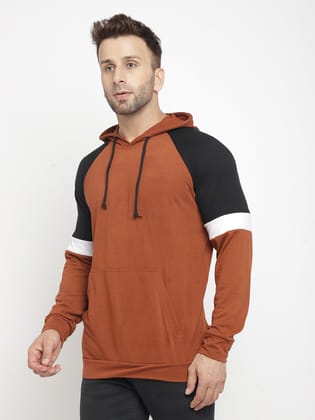 Hooded Full Sleeve Brown Color Block Kangaroo Pocket  T-Shirt - XL