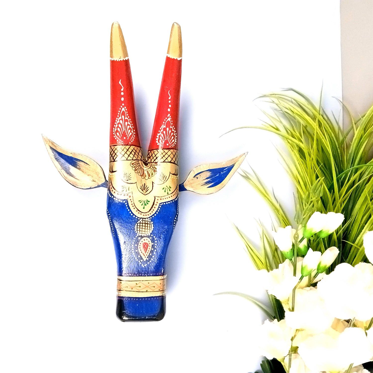 Wooden Cow Head Wall Hanging | Nandi Bull face With Detachable Ears Wall Decor - For Home, Living Room, Entrance, Puja Room & Gifts - 15 Inch-Design 1