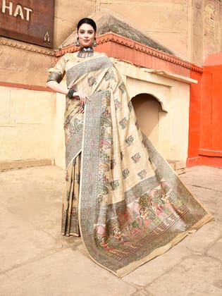 Beige Pure Tussar Silk Madhubani Work Saree