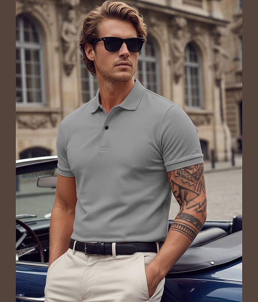 Leotude Men Cotton Blend Regular Fit Solid Polo T Shirt ( Grey )