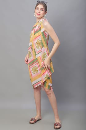 Yellow Color Tropical Printed Georgette Beachwear Cover Up Sarong-ONESIZE