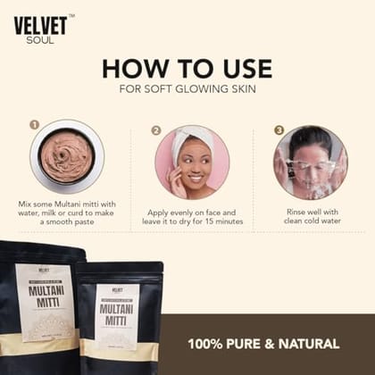 Velvet Soul Multani Mitti Powder - 100% Pure & Natural Detox for Glowing Skin & Repairs Hair | Triple Filtered | Premium Bentonite Clay (Fullers Earth) | 200gm