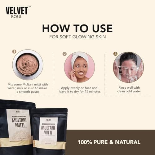 Velvet Soul Multani Mitti Powder - 100% Pure & Natural Detox for Glowing Skin & Repairs Hair | Triple Filtered | Premium Bentonite Clay (Fullers Earth) | 200gm