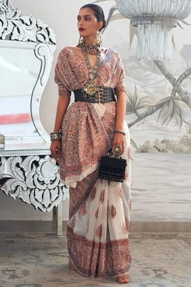 Impressive Beige Pashmina Saree With Phenomenal Blouse Piece