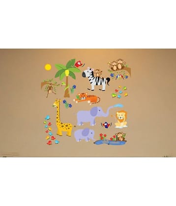 Decor Villa Many animal PVC Multicolour Wall Sticker - Pack of 1