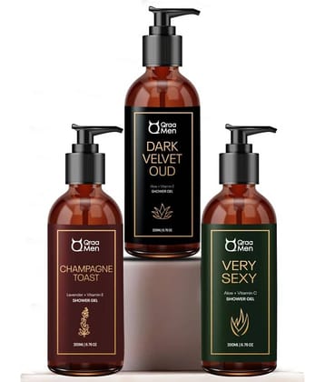 Qraa Men Luxurious Shower Gel- Long Lasting Fragrance With Aloe Vera,Vitamin E & C Pack Of 3|600Ml