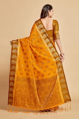 Women's Chanderi Cotton Printed Saree with Unstitched Blouse (Mustard, 5-6 Mtrs)