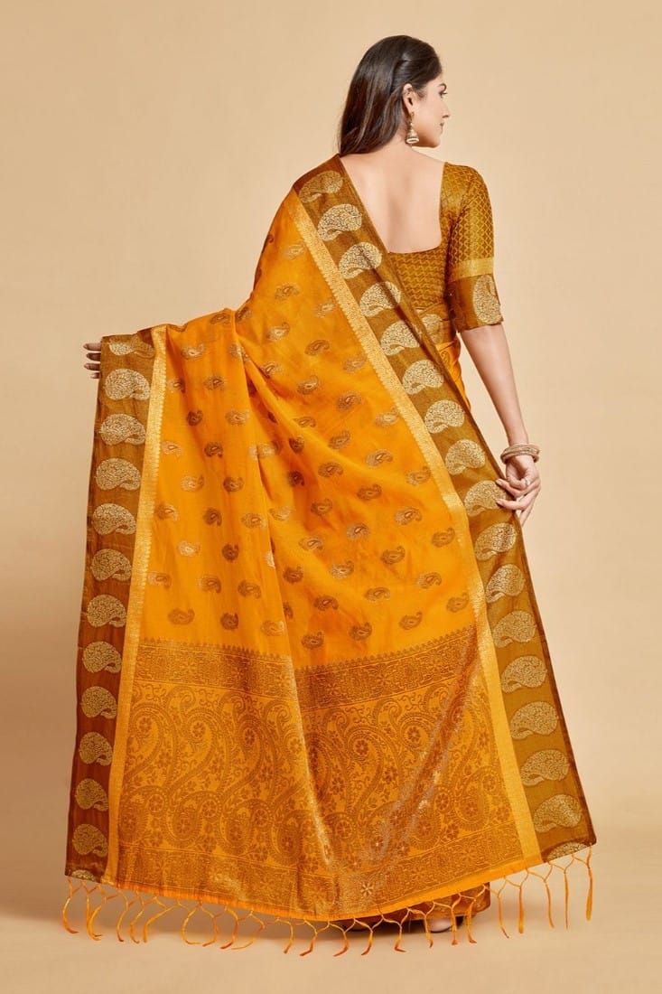 Women's Chanderi Cotton Printed Saree with Unstitched Blouse (Mustard, 5-6 Mtrs)