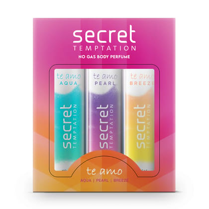 Secret Temptation Te Amo Aqua, Breeze and Pearl No Gas Deodorant Perfume Body Spray for Women, Pack of 3 (120ml each) Secret Temptation Te Amo Aqua, Breeze and Pearl No Gas Deodorant Perfume Body Spray for Women, Pack of 3 (120ml each) - Multi / 120 ml (