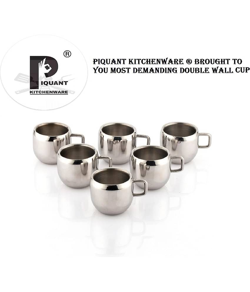 PIQUANT KITCHENWARE Steel Tea & Coffee Cup Double Walled Tea Cup 6 Pcs 90 ml
