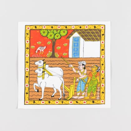 Eyaas Cheriyal Painting  Bull on Field  11.5 x 11.5 Inches  Hand Painted Telangana Folk Art by D Rakesh