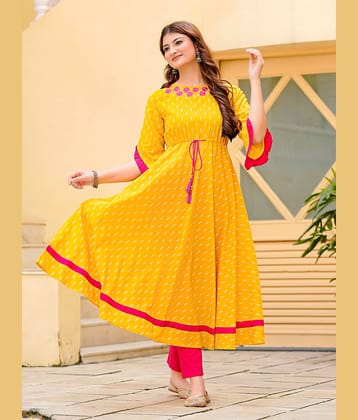 Yash Gallery Women Cotton Printed A-line Dress ( Yellow )
