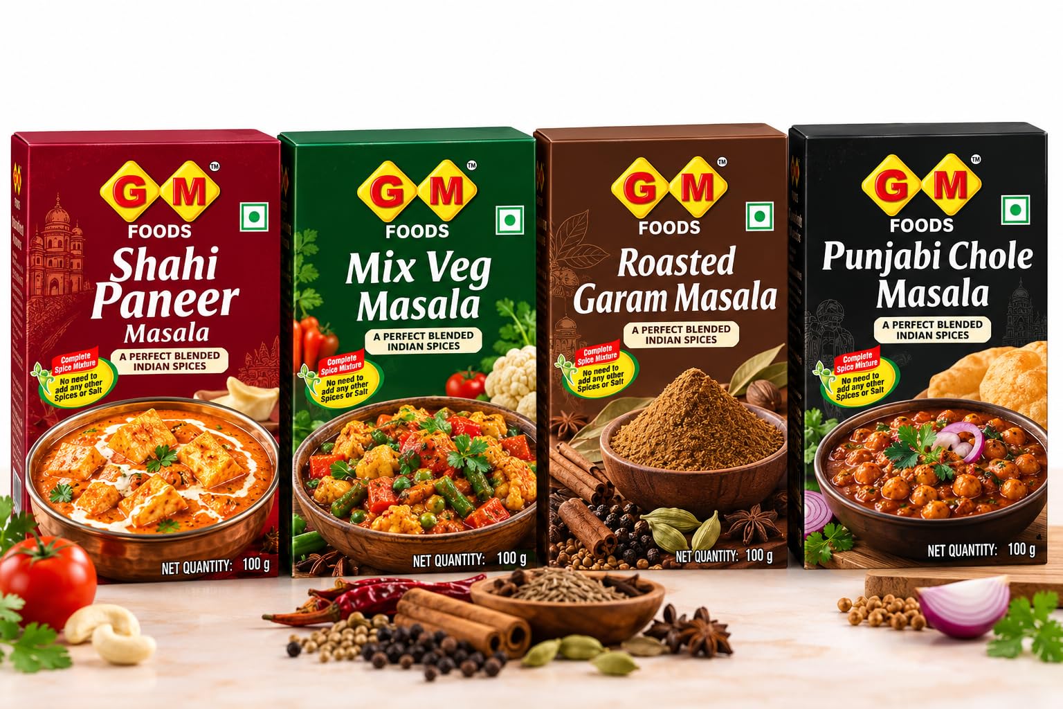 GM Foods Restaurant Gravy Essentials Combo Pack of 4 | Shahi Paneer, Mix Veg, Roasted Garam & Punjabi Chole Masala | 100g Each, Total 400g | Authentic Indian Spice Mix for Curries & Gravies