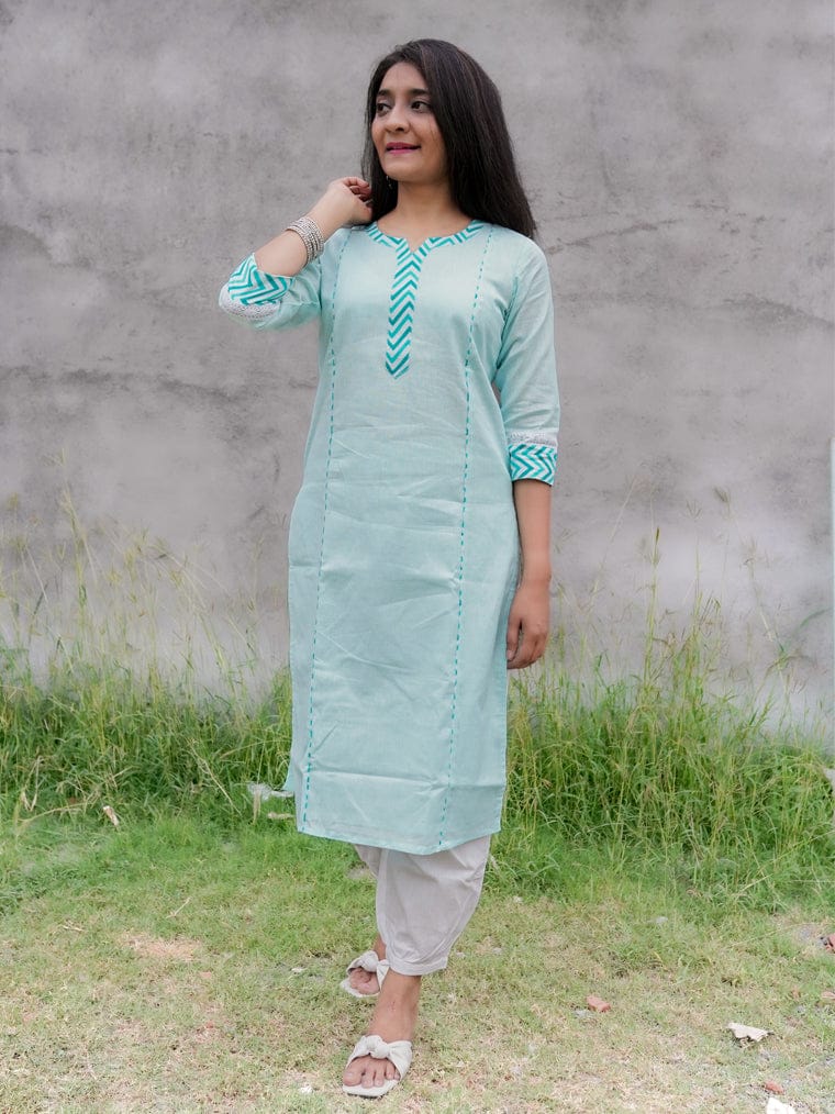 Seashore Sky Blue Straight Cut Cotton Kurta-XS