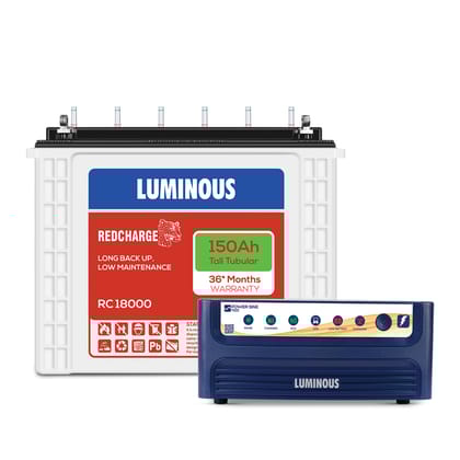 Luminous Inverter & Battery Combo (Power sine 1100 Pure Sine Wave 900VA/12V Inverter with RC18000 Tall Tubular 150Ah Battery) for Home, Office & Shops Luminous Inverter & Battery Combo (Power sine 1100 Pure Sine Wave 900VA/12V Inverter with RC18000 Tall Tubular 150Ah Battery) for Home, Office & Shops
