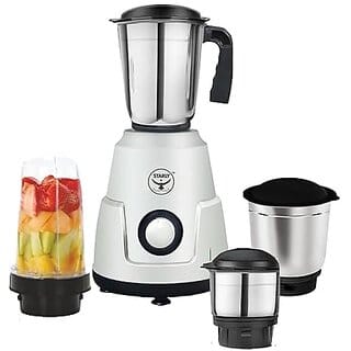 Starly Grindwave 750 Watt Mixer Grinder with 4 Jars 3 Stainless Steel Jars 1 Juicer Jar Shockproof ABS Body Heavy Duty Motor Stainless Steel Blades Silver