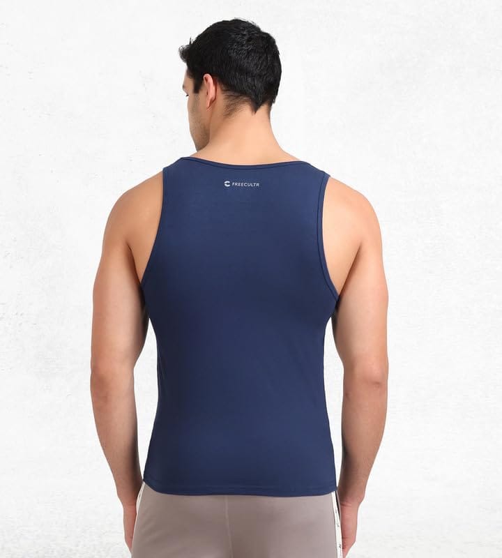 Freecultr Cotton Vest for Men Sleeveless Lightweight Solid Round Neck Comfort Vests Breathable & Comfortable Innerwear Sando for Man Regular Fit Pack of 2-Navy,White