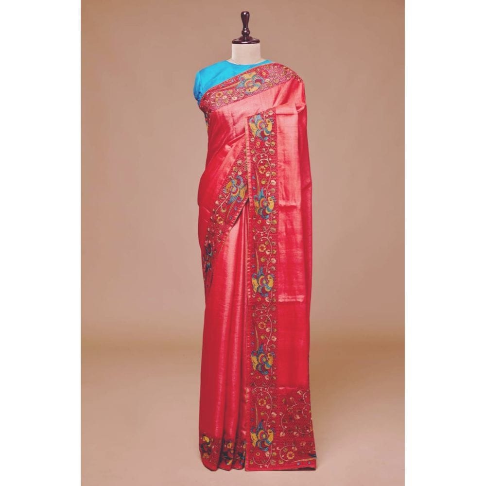 Silkmark Certified Dreamy Pure Tussar Cutwork Red Saree