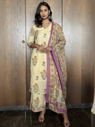 Pastel Yellow Cotton Dupatta Set-L