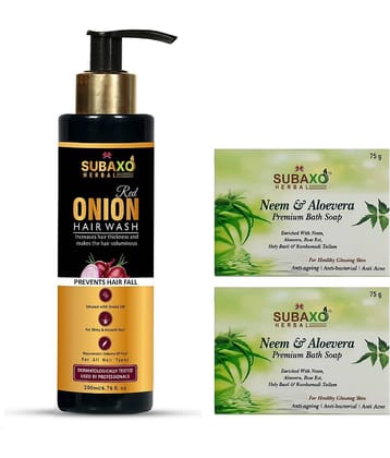 Herbal Red Onion Shampoo 200 Ml, Herbal Shampoo,Anti Hair Fall Shampoo & Neem Aloevera Soap, Bath Soap, Neem Soap  2 Pc Each 75 G