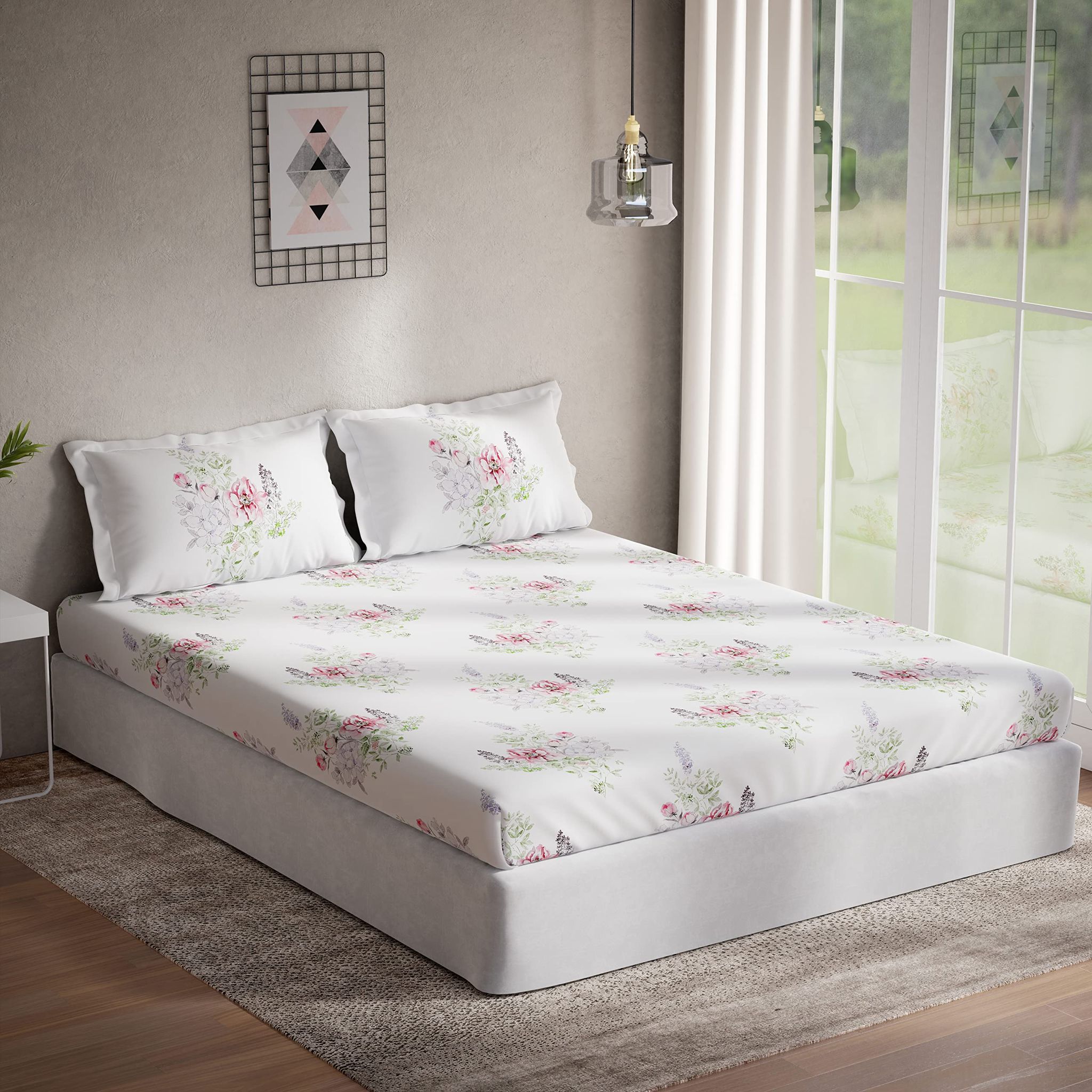 DDECOR - Optima Collection 100% Cotton Floral Pattern 136TC Queen Bedsheet |224 CM X 254 CM| with 2 Pillow Covers - White