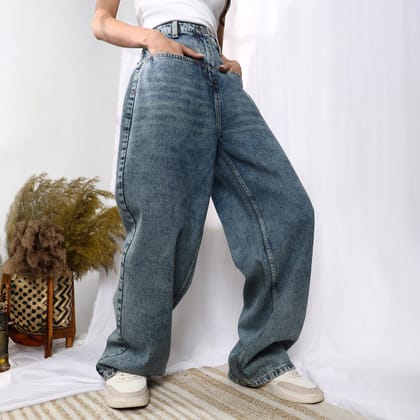 Acid-Wash Straight Denim Jeans-Blue / Plain / 28