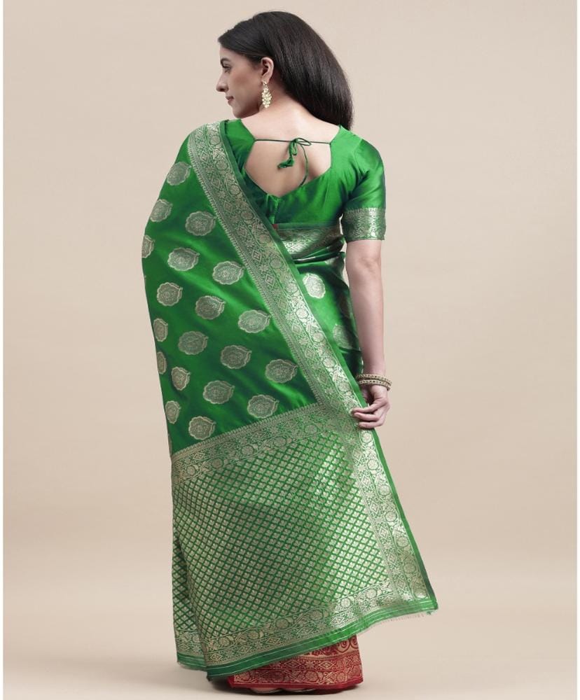 Women's Kanjivaram Silk Designer Weaving Saree with Unstitched Blouse (Green &amp Red, 5.50 Mtrs)