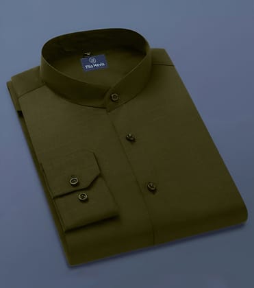 Men's Full-Sleeve Mandarin Collar Regular Fit Cotton Lenin Shirt-Dark Green-M