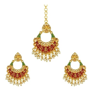 Generic Women's Rose Gold Plated Alloy Kundan Earrings & Mangtikka-PID47381