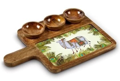 Wooden Serving Platter Mango Wood Platter Tray Printed Serving Platter with Handle Appetizer Plate Snacks Serving Platter with 3 Bowls, 16 X 10 inches