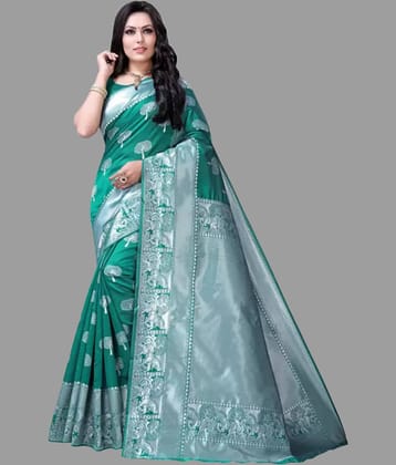 Sitanjali Silk Blend Embellished Saree With Unstitched Blouse Piece ( Rama )