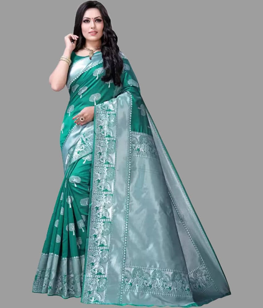 Sitanjali Silk Blend Embellished Saree With Unstitched Blouse Piece ( Rama )