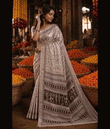 JIHANA FAB Georgette Printed Banarasi saree With Unstitched Blouse Piece ( Multicolor )