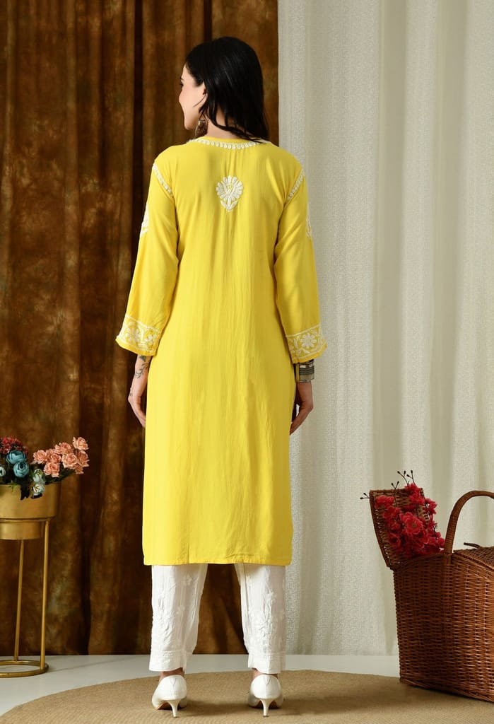 Sunshine Yellow Modal Hand-Embroidered Chikankari Kurta with Elegant White Floral Design