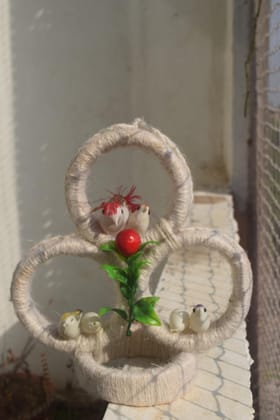 Handcrafted White Yarn Wrapped Holiday Decor Spiral with Artificial Berries, Leaves, White Flowers, Red Accents, Rustic Christmas Decoration