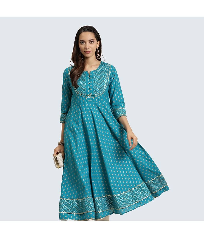 Yash Gallery - Teal Cotton Blend Women's Flared Kurti ( Pack of 1 )