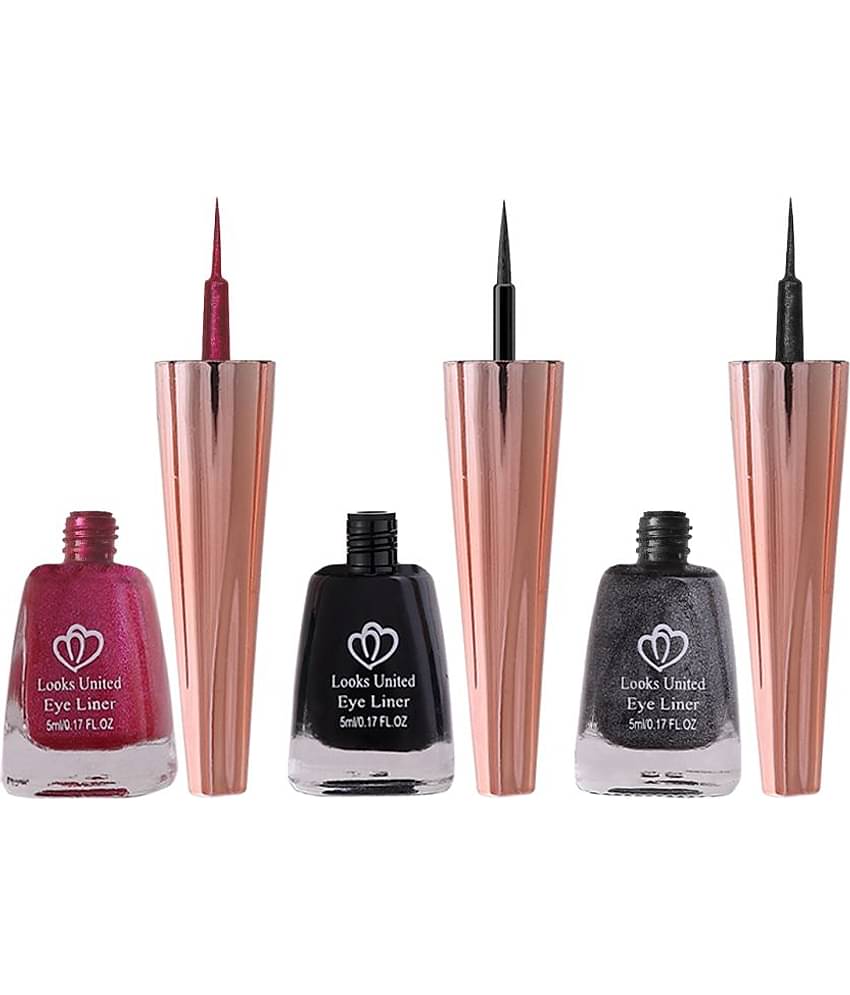 Looks United Metallic Long Lasting Intense Single Stroke Fashion Eyeliner (Metallic Blush Pink, Coal Black, Looks United Metallic Charcoal)Pack Of 3
