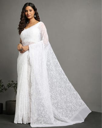 Tepchi Handwork Georgette Work Saree White