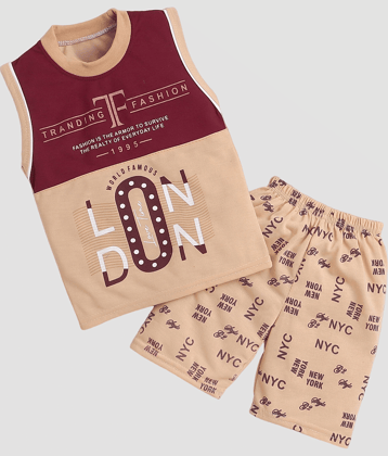 Fourfolds Pack of 1 Boys Cotton T-Shirt & Shorts Set ( Beige )
