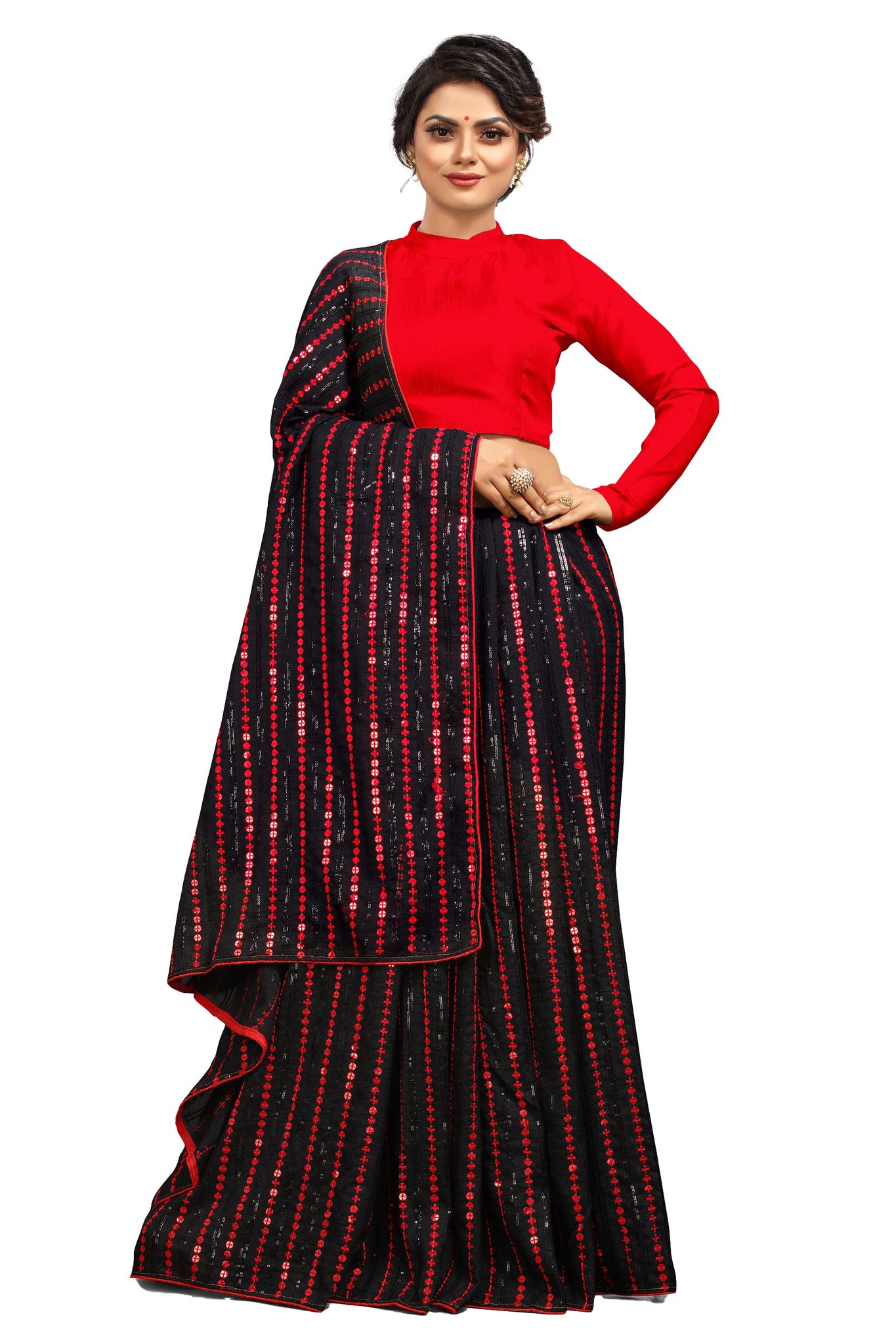 Generic Women's Vichitra Saree with Blouse (Red, 5-6  Mtr)