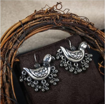 Antique Oxidized Silver Plated Handcrafted Bird Design Earring With Beads- AER 351